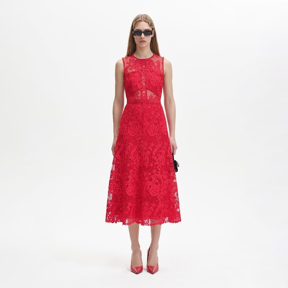 SELF-PORTRAIT Red Floral Lace High Neck Midi Dress Party Holidays Coquette 8 - Picture 1 of 16